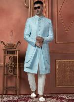 Silk Sky Blue Wedding Wear Computer Thread Readymade Sherwani Set